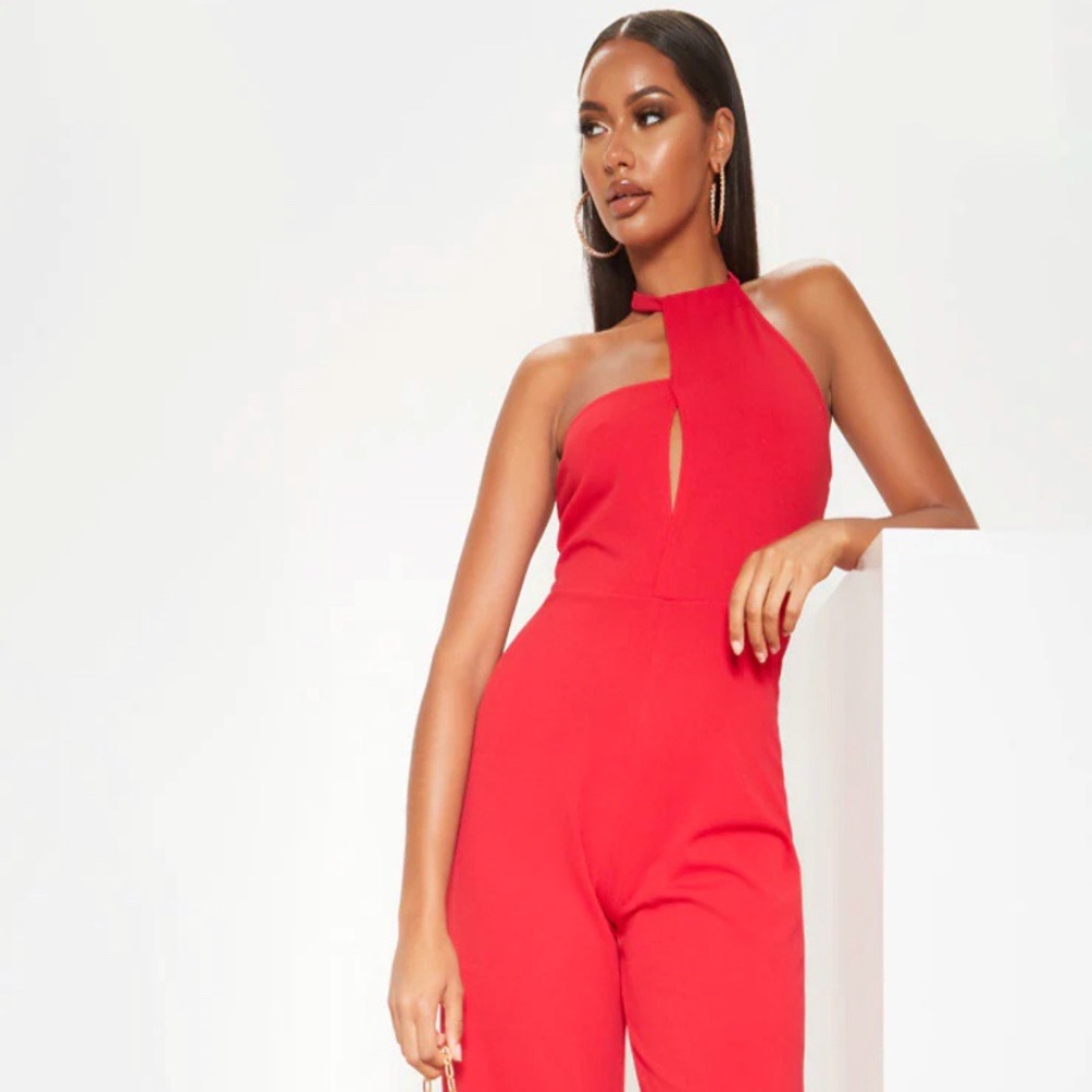 NWOT Red Asymmetric Halterneck Wide Leg Jumpsuit